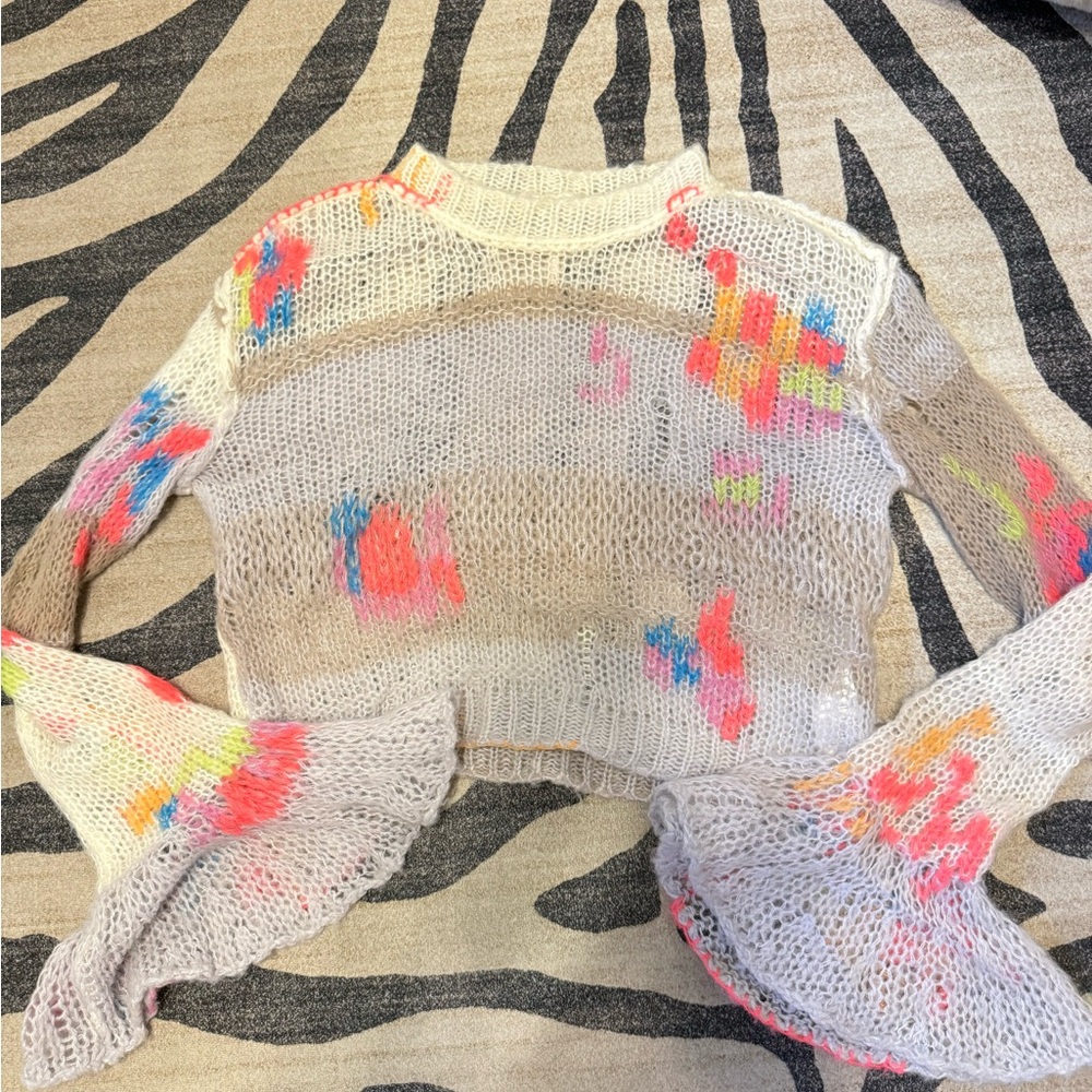 Free People Knit Sweater with Neon Accents - Cream